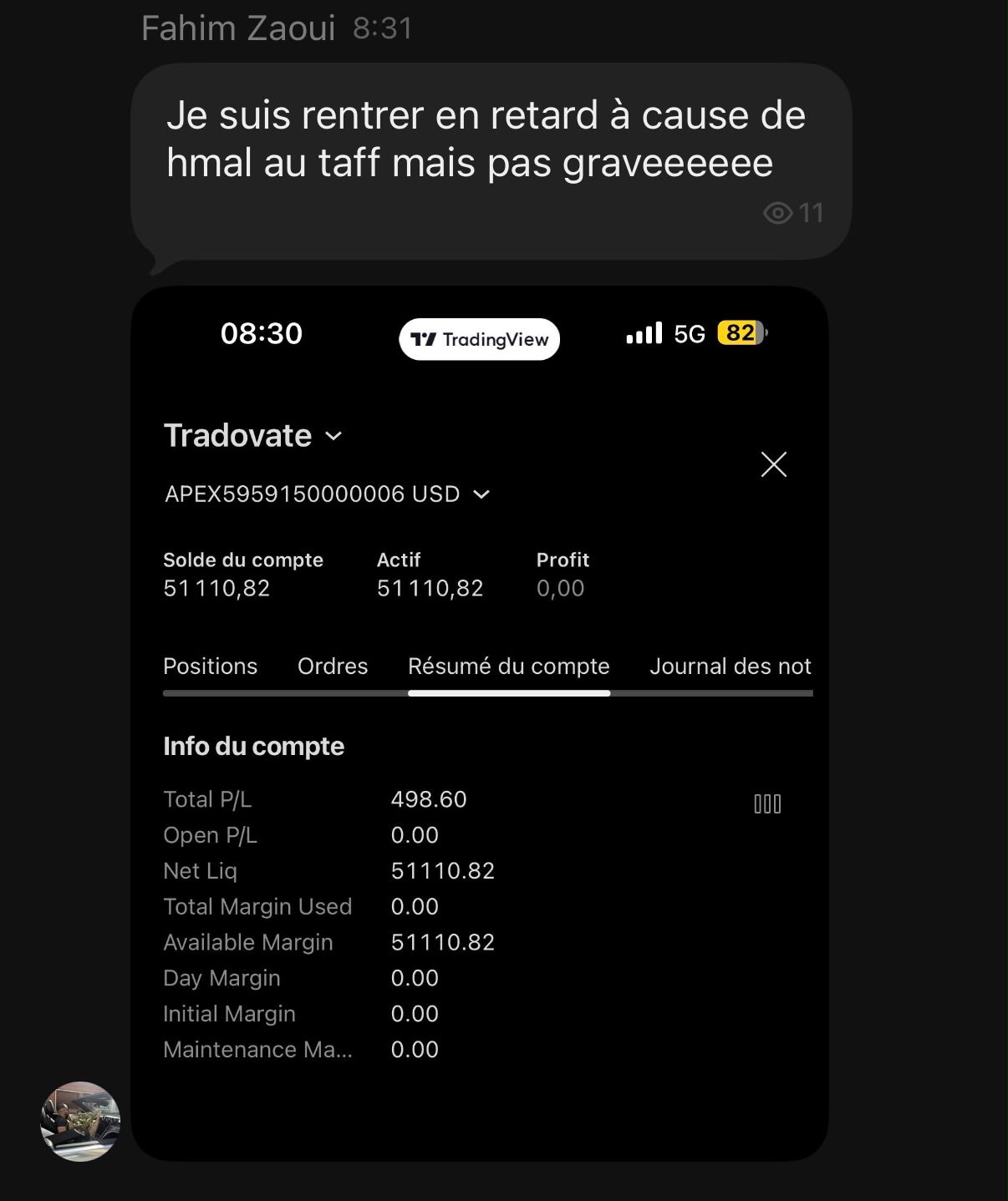 Tradovate — Compte +498.60